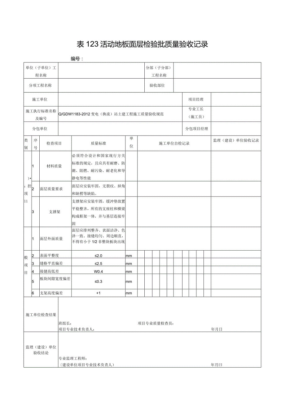 表123活动地板面层检验批质量验收记录.docx_第1页