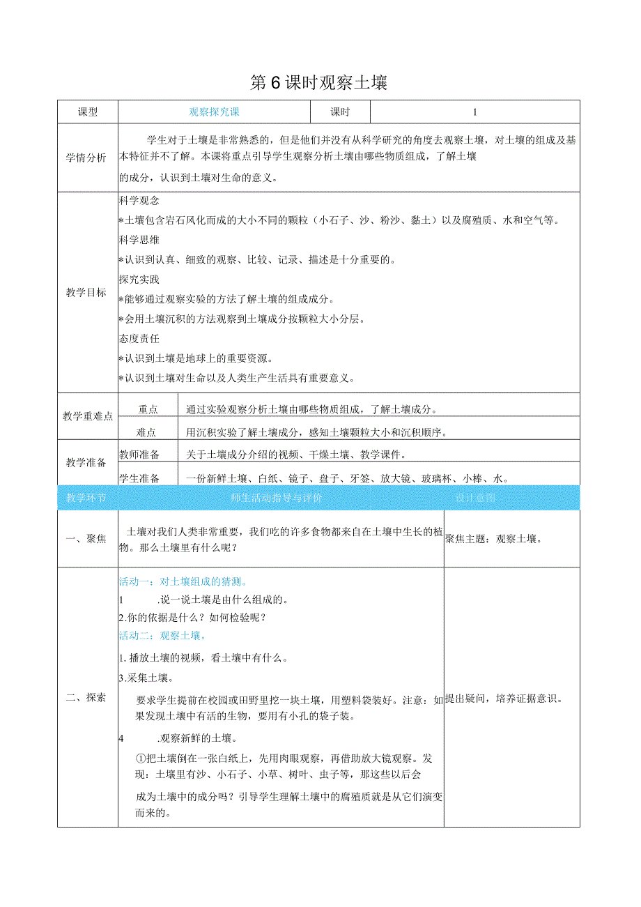 观察土壤核心素养目标教案表格式新教科版科学四年级下册.docx_第1页