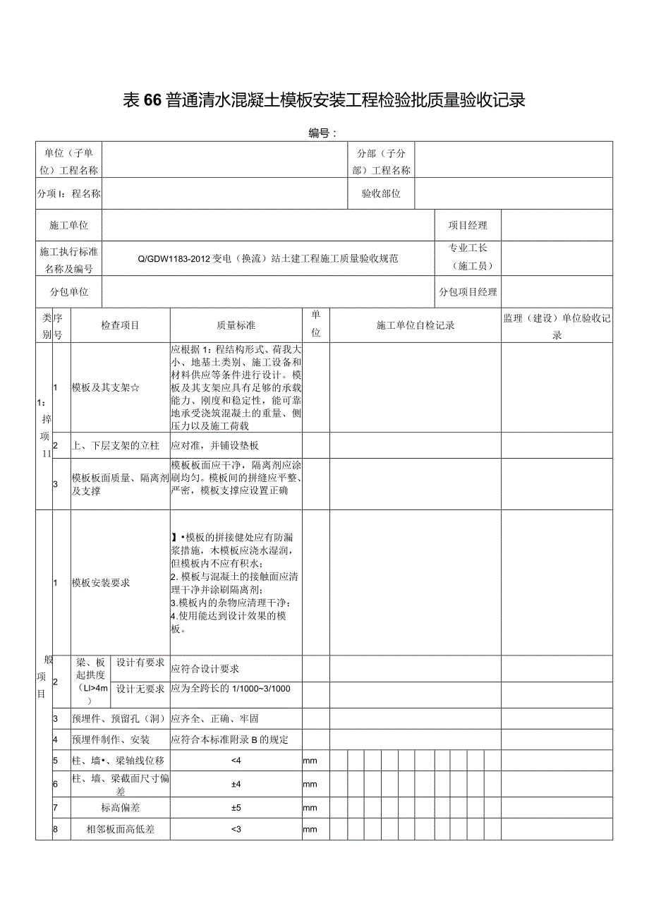 表66普通清水混凝土模板安装工程检验批质量验收记录.docx_第1页