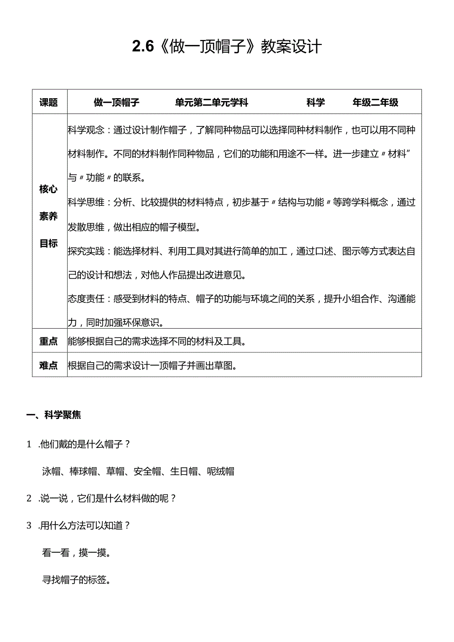 （核心素养目标）2-6做一顶帽子教案设计.docx_第1页