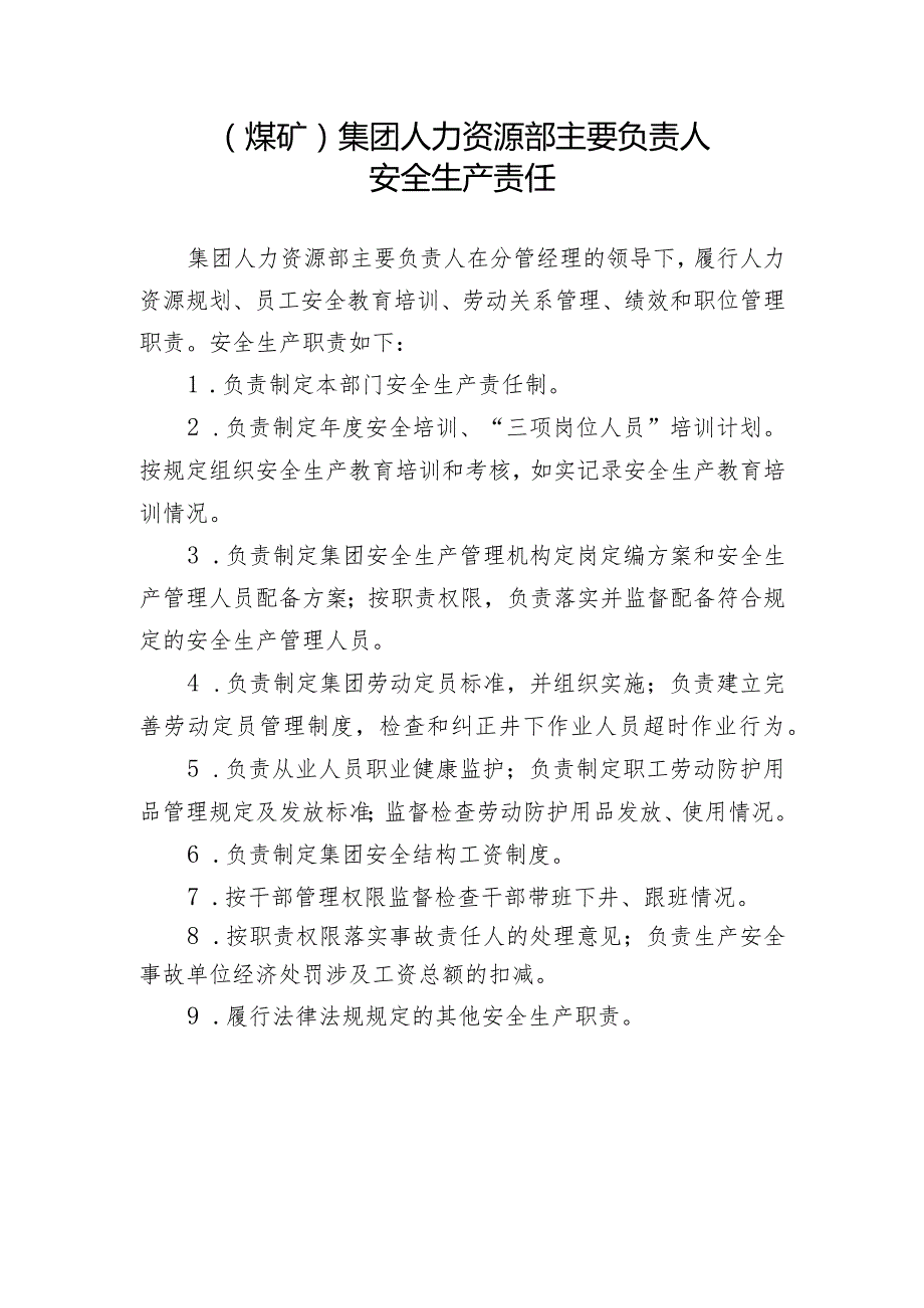 （煤矿）集团人力资源部主要负责人安全生产责任制.docx_第1页