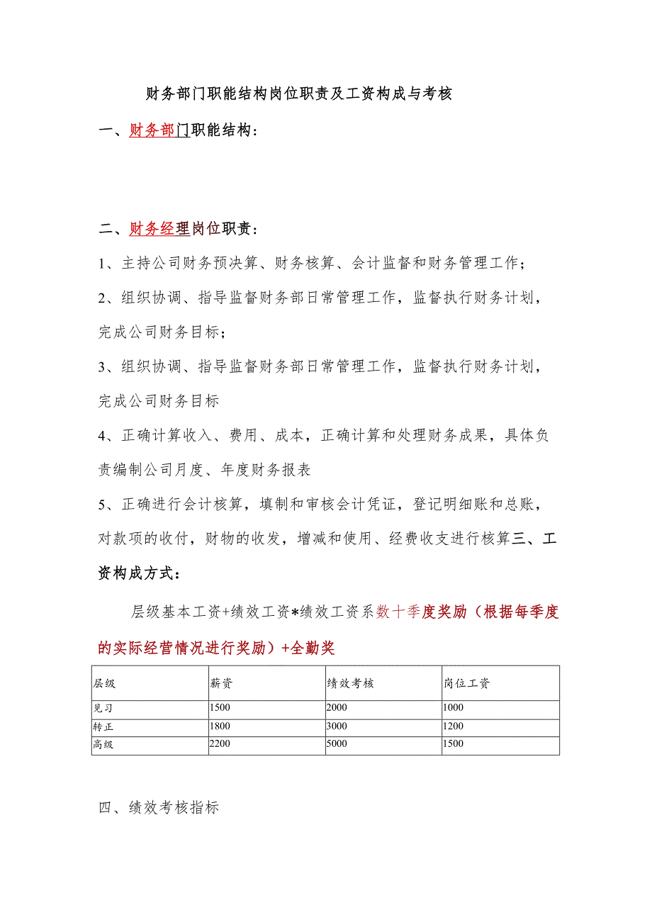 财务经理职能结构岗位职责及工资构成与考核（部门）.docx_第1页