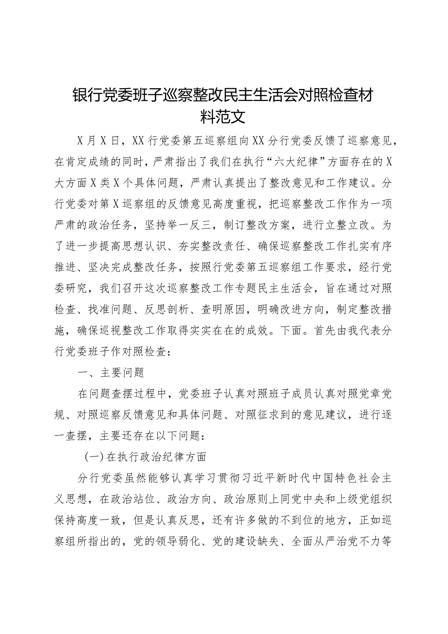 银行党委班子巡察整改民主生活会对照检查材料（纪律对照察主要检视剖析发言提纲）.docx_第1页