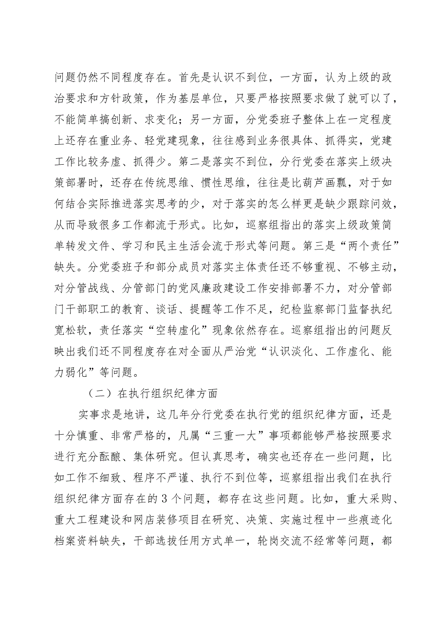 银行党委班子巡察整改民主生活会对照检查材料（纪律对照察主要检视剖析发言提纲）.docx_第2页