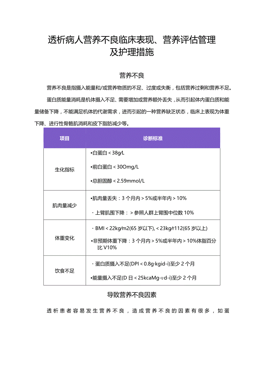 透析病人营养不良临床表现、营养评估管理及护理措施.docx_第1页