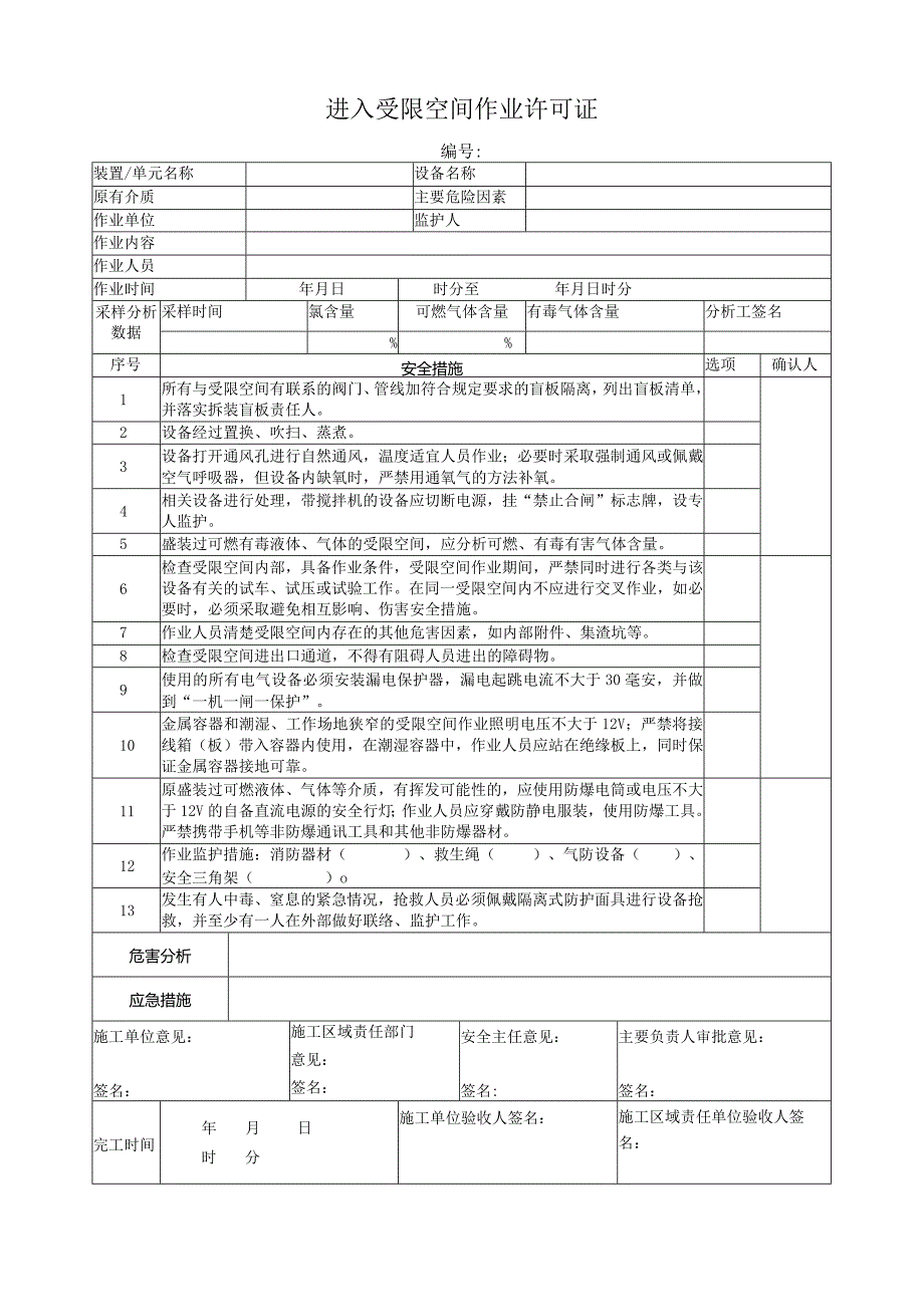 进入受限空间作业许可证.docx_第1页