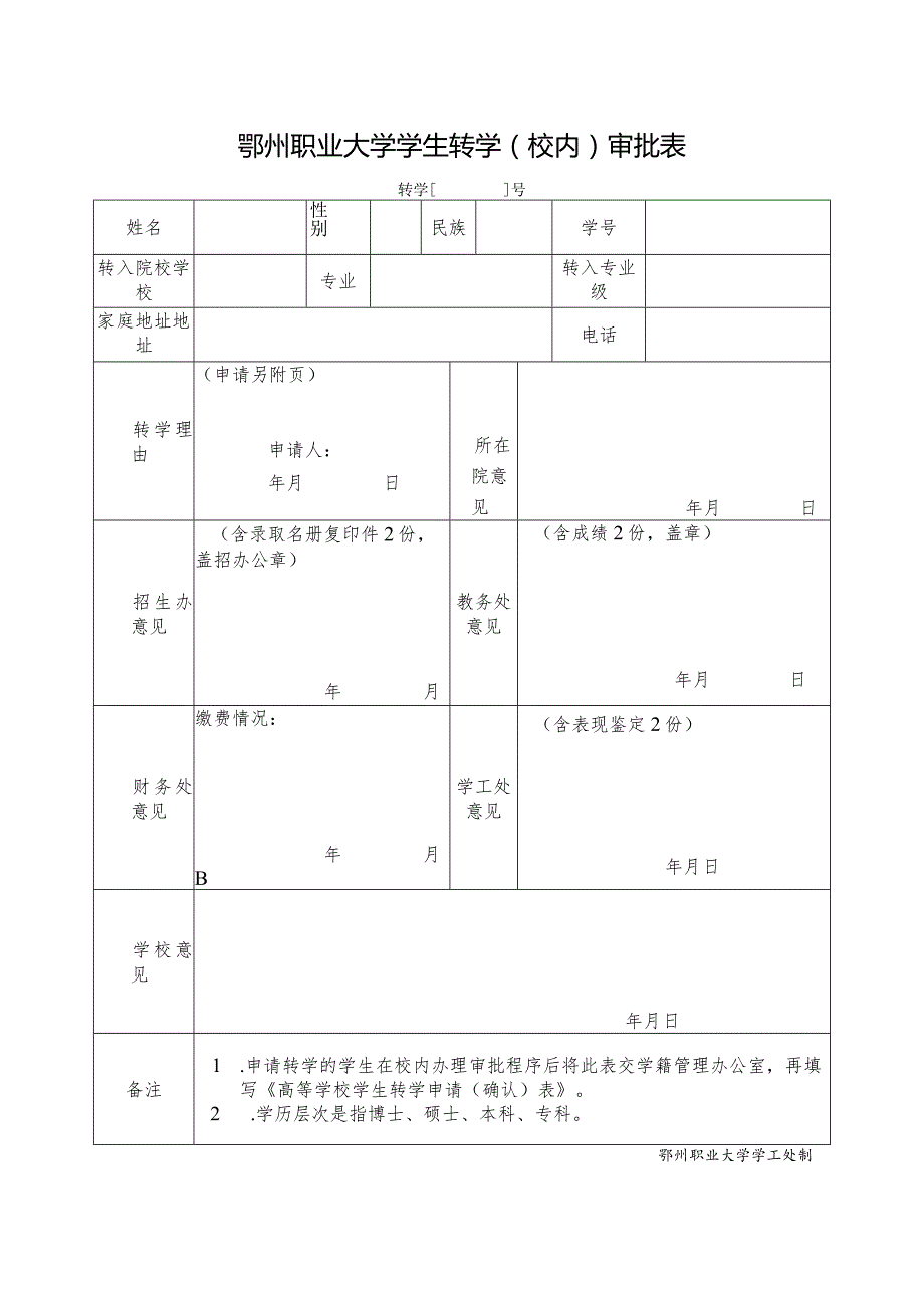 鄂州职业大学学生转学（校内）审批表.docx_第1页