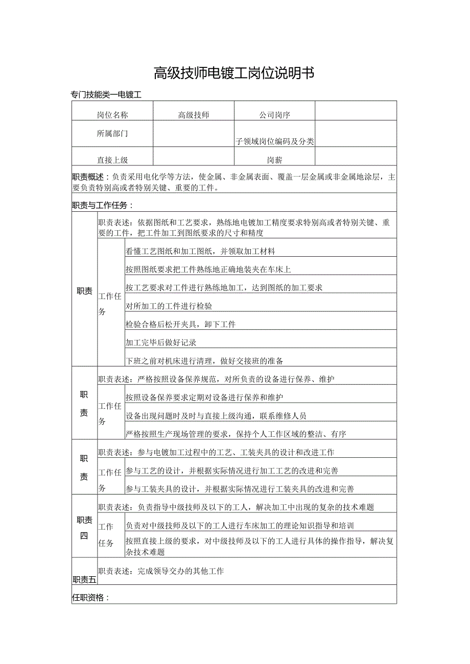 高级技师电镀工岗位说明书.docx_第1页