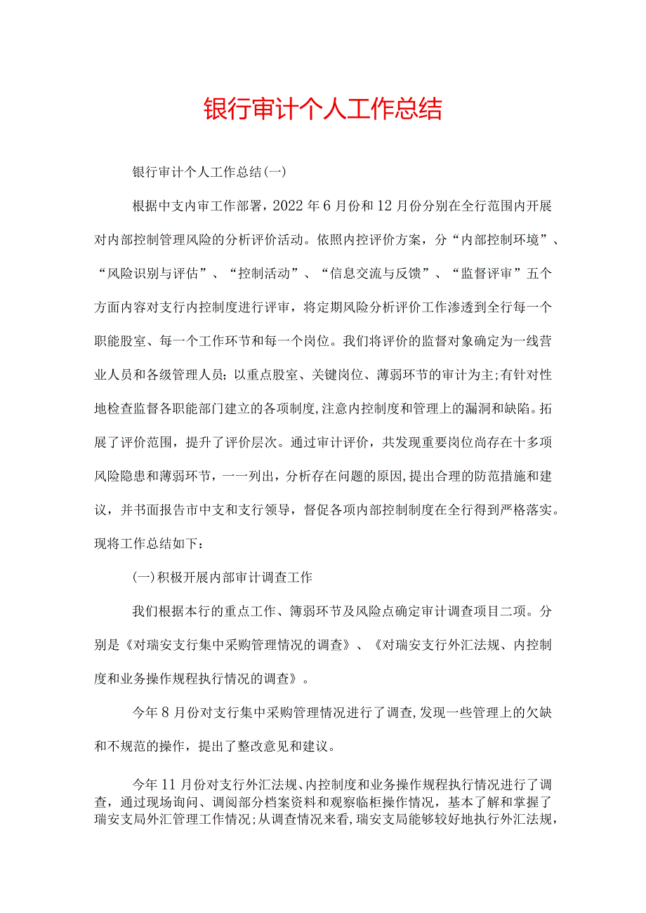 银行审计个人工作总结.docx_第1页