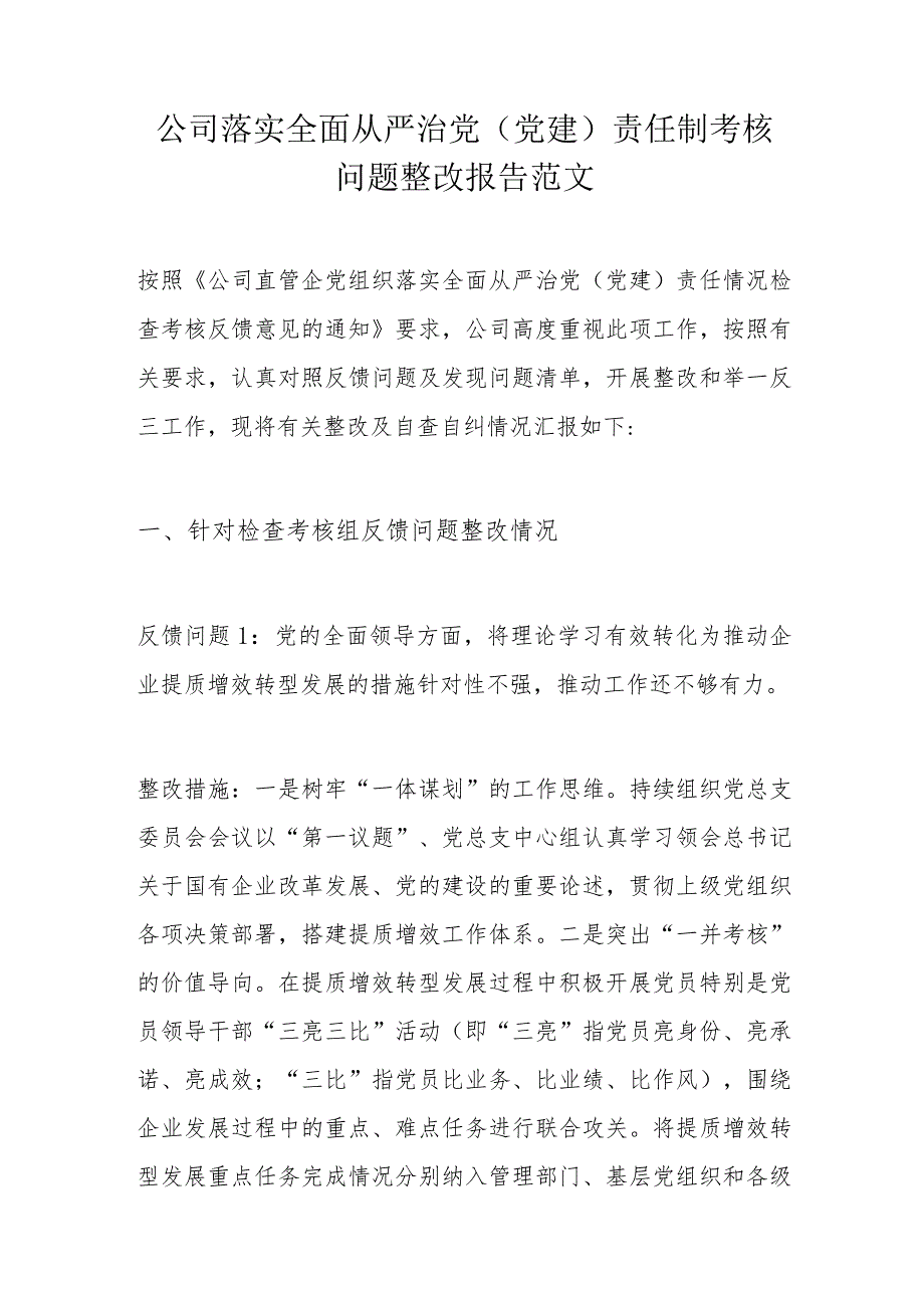 公司落实全面从严治党（党建）责任制考核问题整改报告范文.docx_第1页