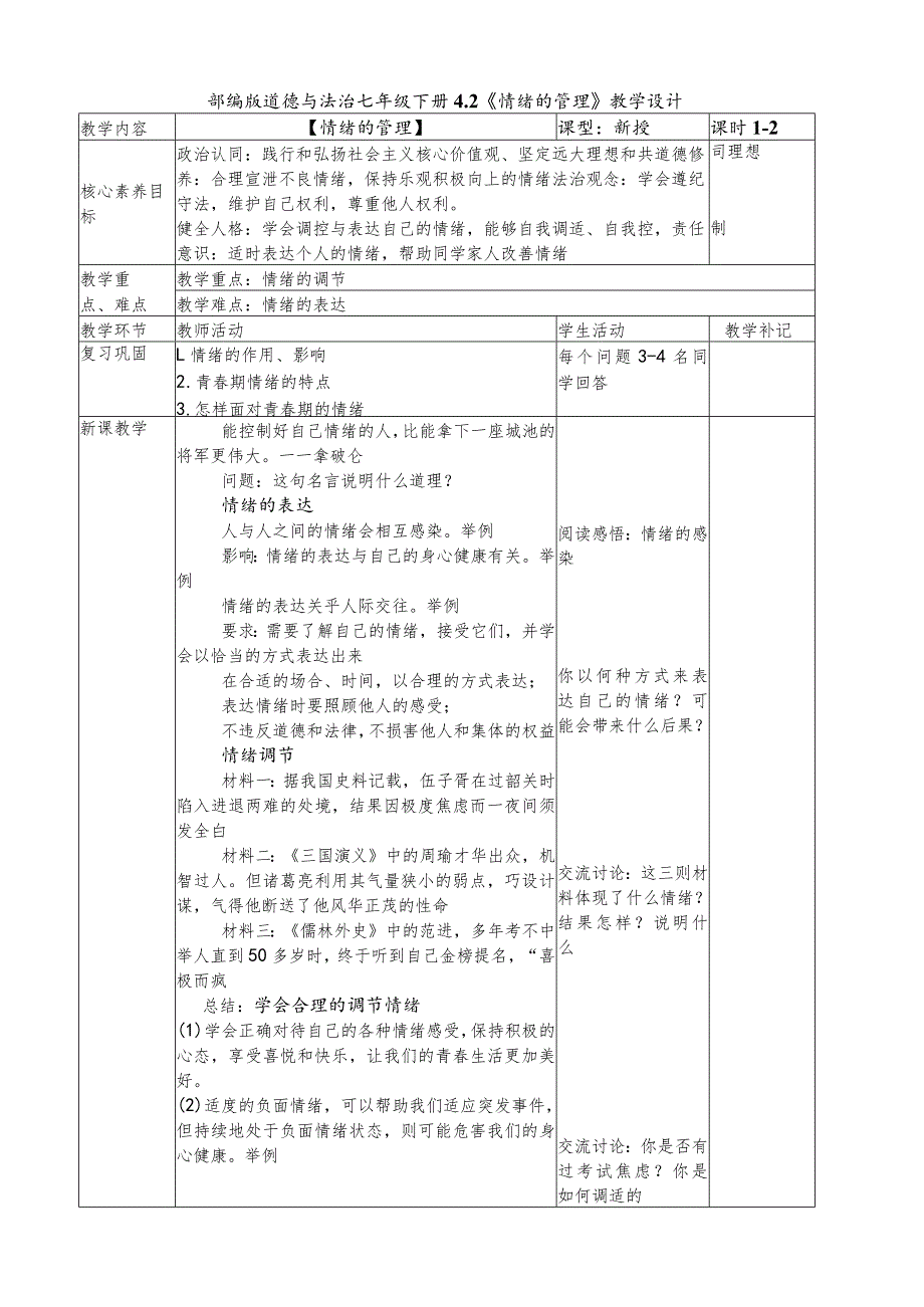 4.2+情绪的管理教学设计2024学年部编版道德与法治七年级下册.docx_第1页