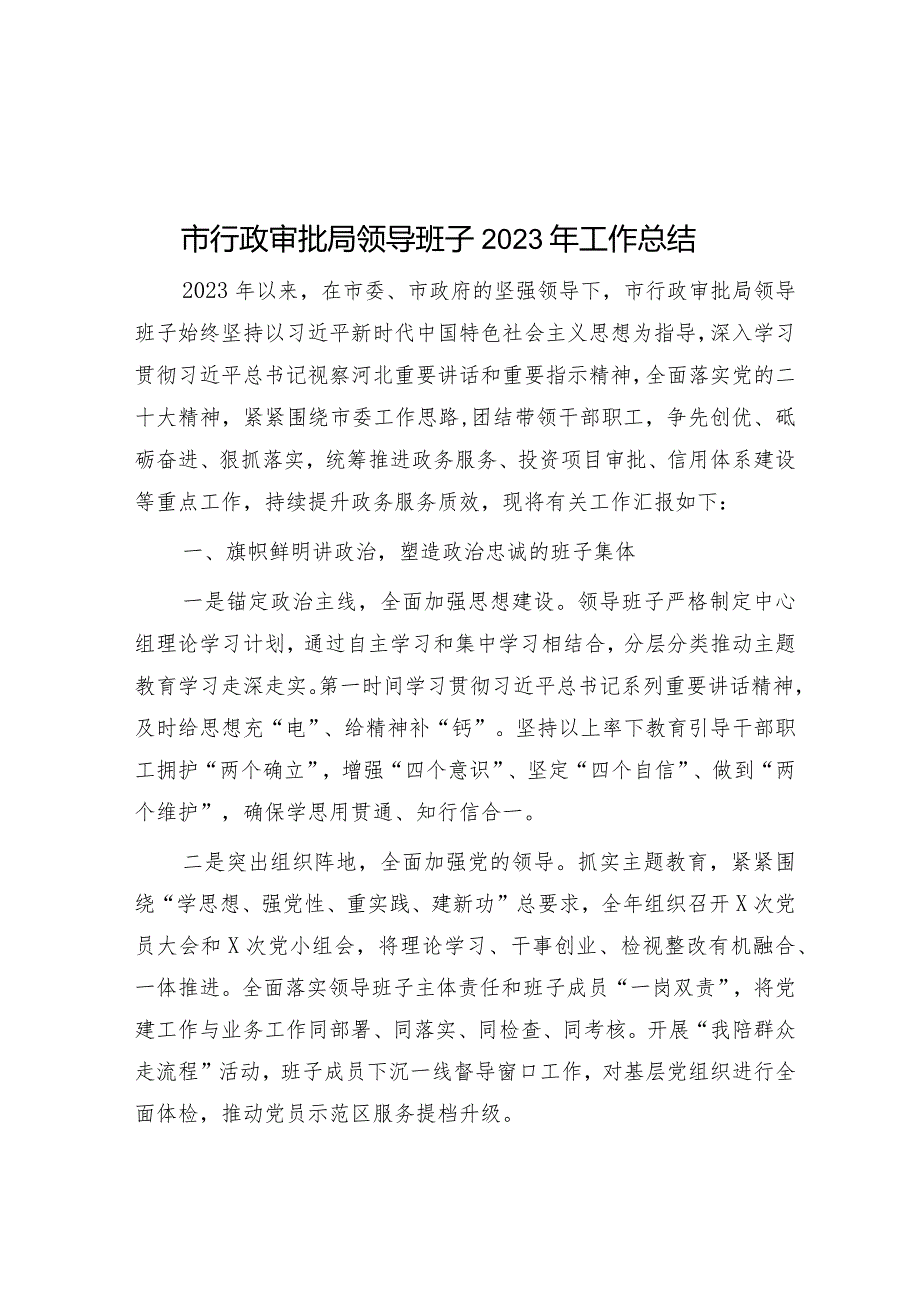 2023年市行政审批局领导班子工作总结.docx_第1页