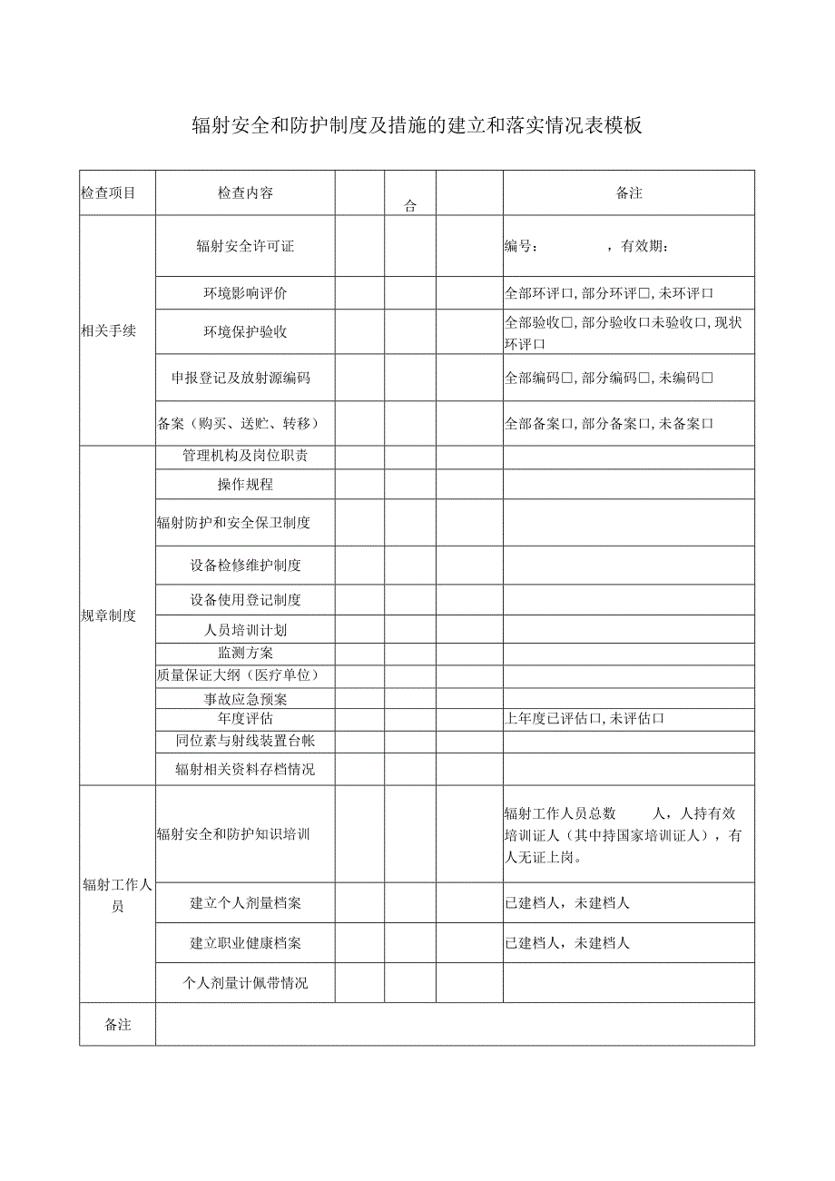 辐射安全和防护制度及措施的建立和落实情况表模板.docx_第1页