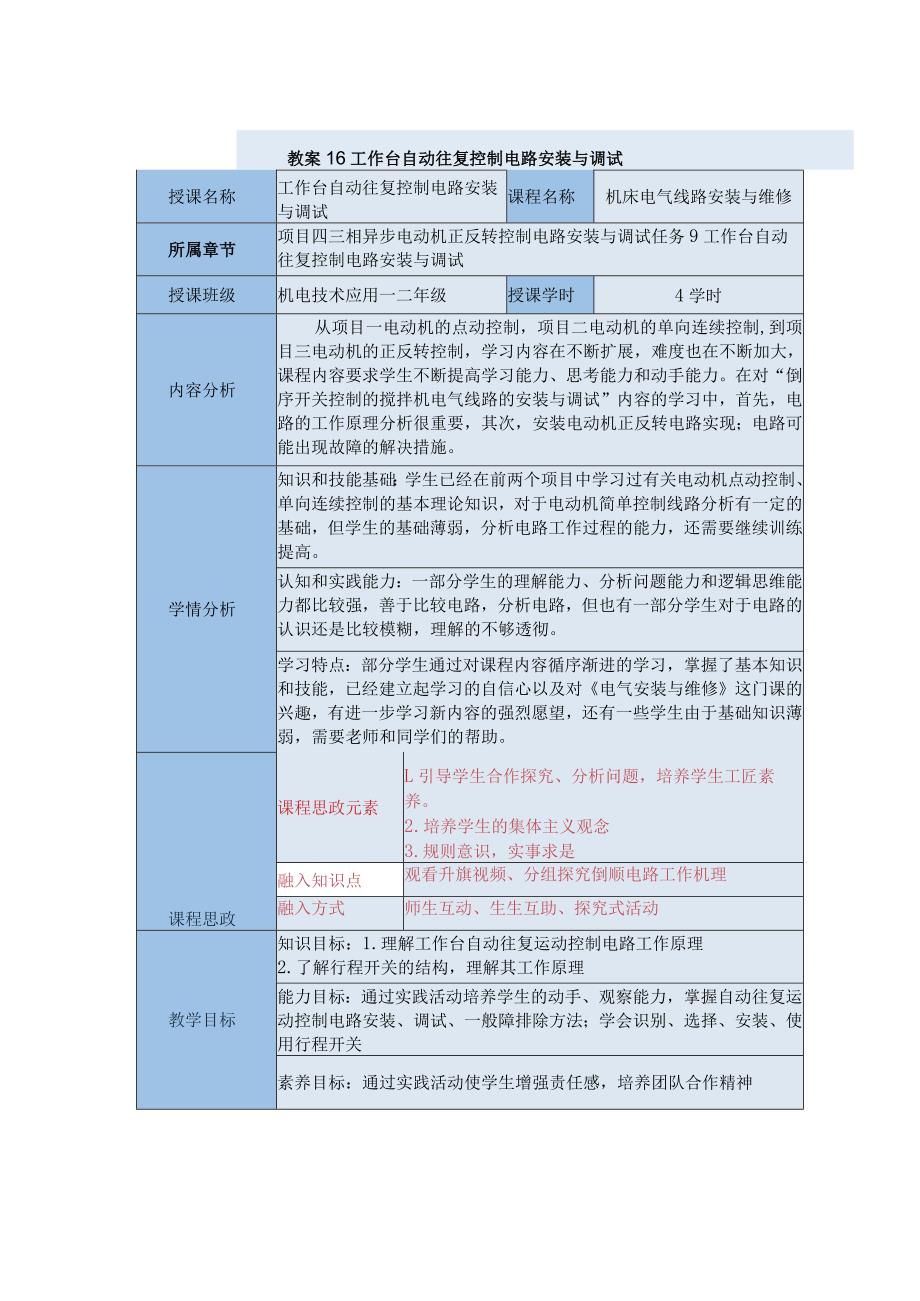 中等职业学校《机床电气线路安装与维修》工作台自动往复控制电路安装与调试教案.docx_第1页