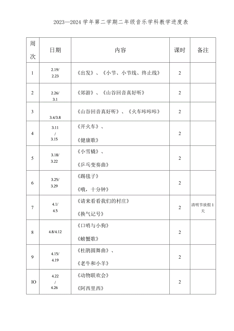 2023—2024学年第二学期二年级音乐教学进度表.docx_第1页