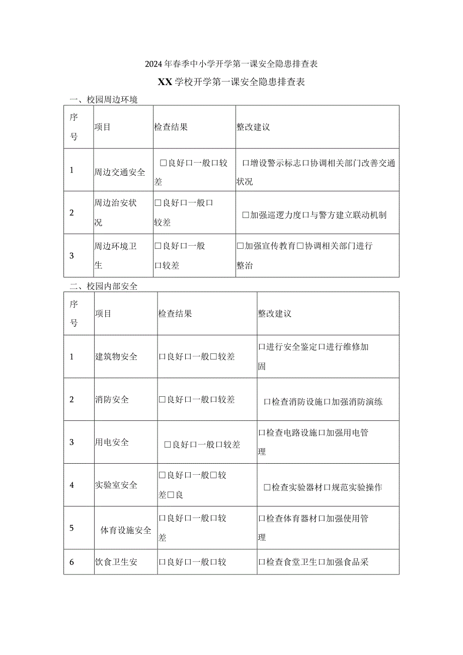 2024年春季中小学开学第一课安全隐患排查表.docx_第1页