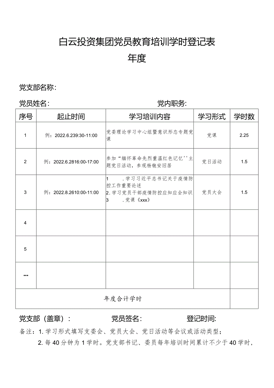 党员教育培训学时登记表（模板）.docx_第1页