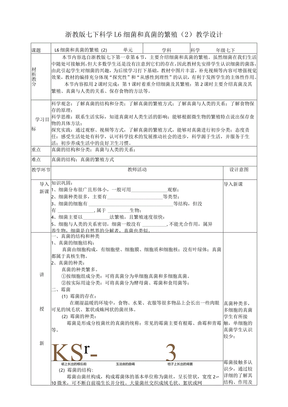 2024浙教版七下科学1.6细菌和真菌的繁殖（2）教学设计（表格式）.docx_第1页