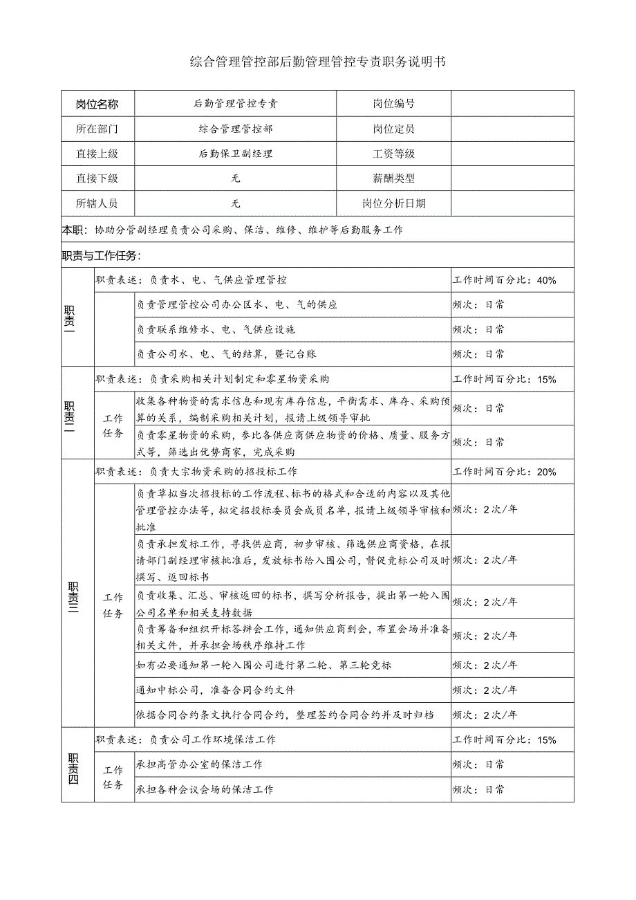 X投资企业综合管理部后勤管理专责职务说明书.docx_第1页