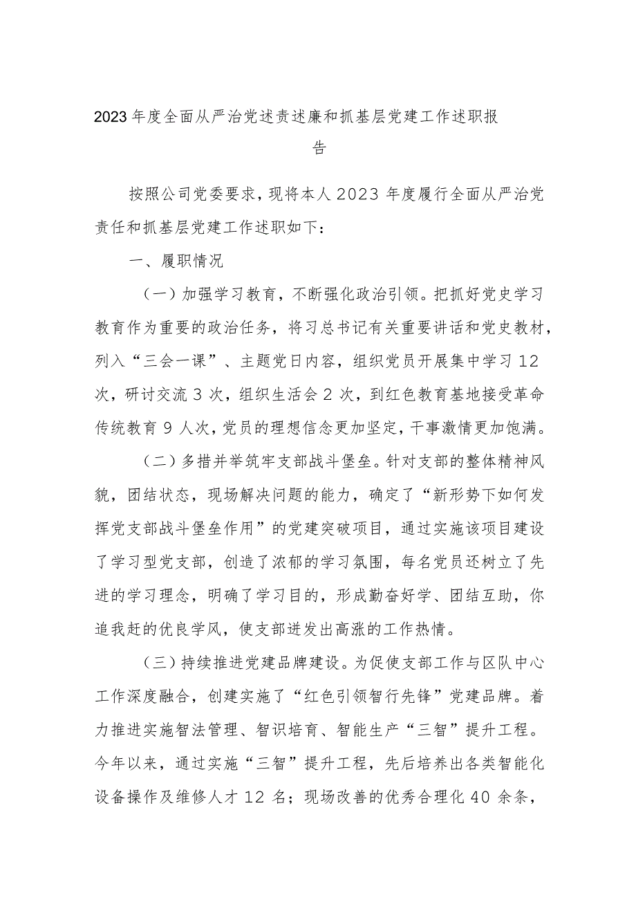 2023年度全面从严治党述责述廉和抓基层党建工作述职报告.docx_第1页