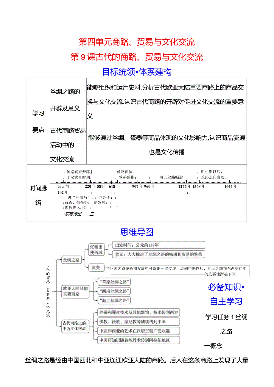 2023-2024学年部编版选择性必修3第四单元第9课古代的商路、贸易与文化交流（学案）.docx_第1页