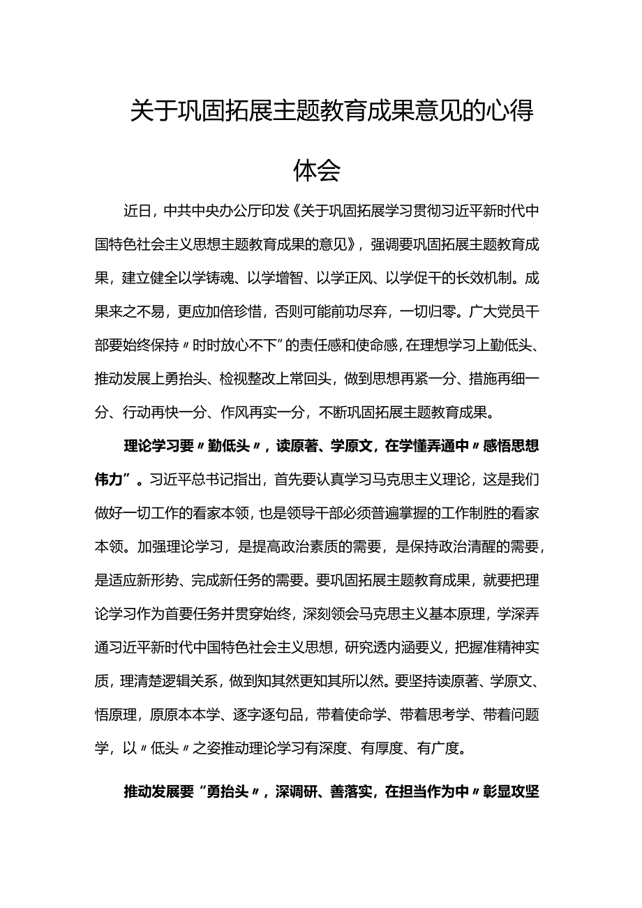 关于巩固拓展主题教育成果意见的心得体会.docx_第1页