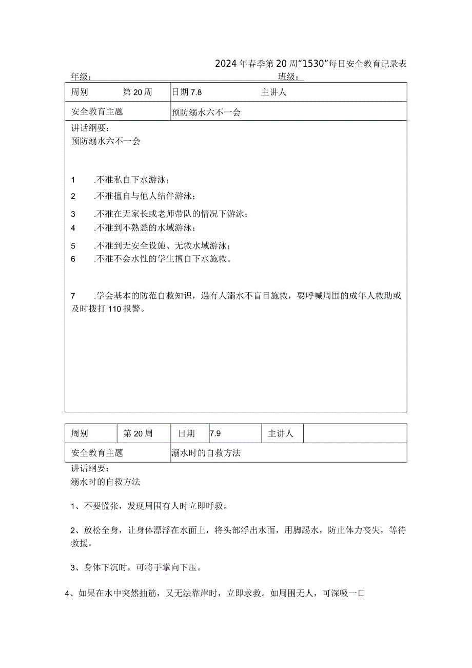 2024年春季第20周“1530”每日安全教育记录表.docx_第1页