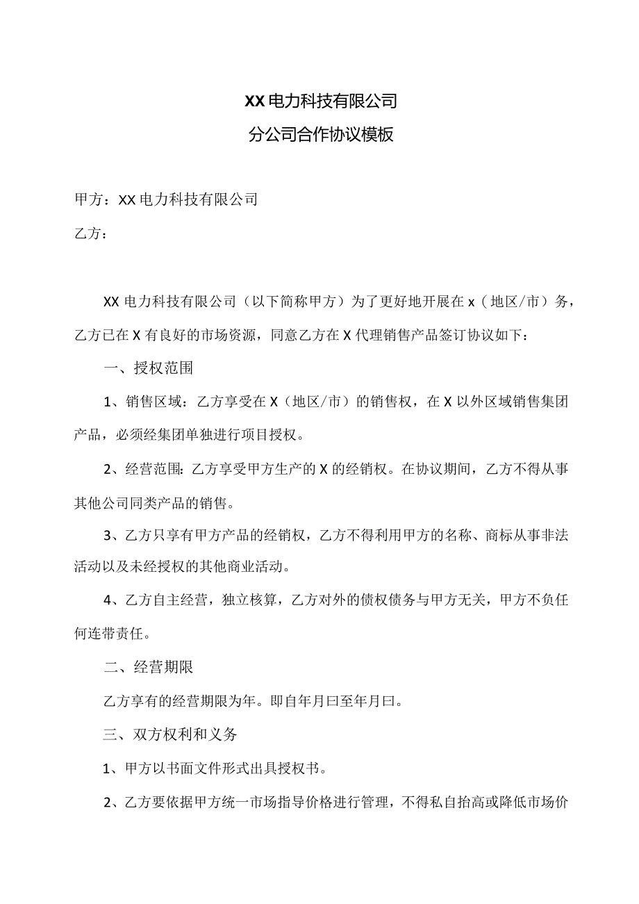 XX电力科技有限公司分公司合作协议模板（2024年）.docx_第1页