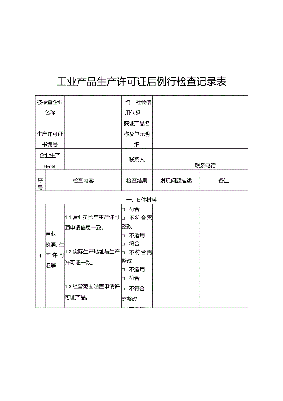 工业产品生产许可证后例行检查记录表.docx_第1页