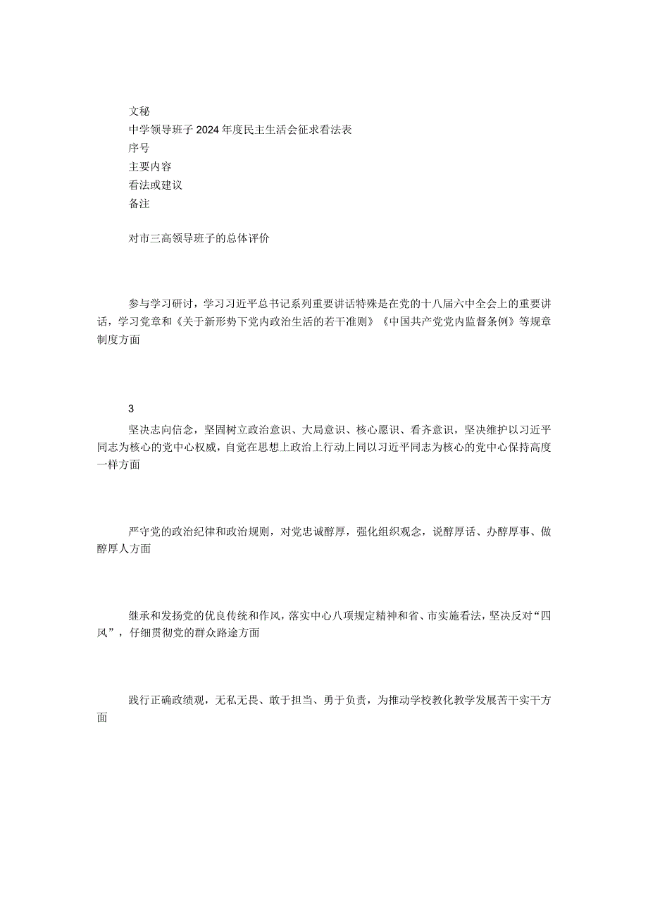 中学领导班子2024年度民主生活会征求意见表.docx_第1页