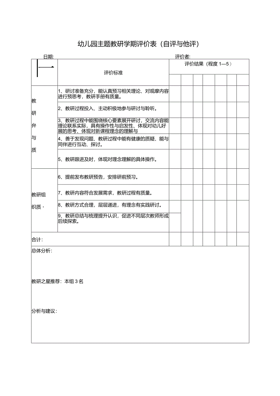 幼儿园主题教研学期评价表（自评与他评）.docx_第1页