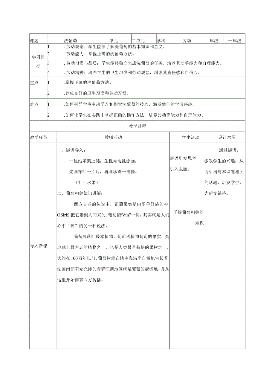 项目五洗葡萄（教案）—一年级劳动下册同步（人教版）.docx_第1页