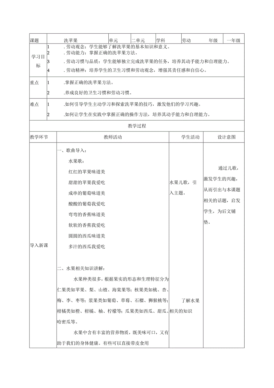 项目四洗苹果（教案）—一年级劳动下册同步（人教版）.docx_第1页