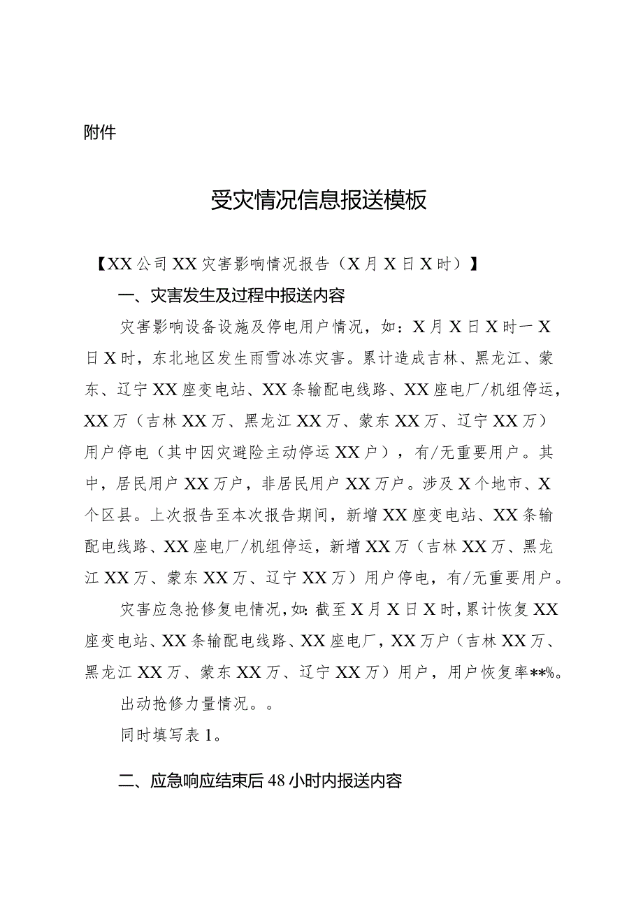 电力系统遭受自然灾害影响信息报送受灾情况信息报送模板.docx_第1页