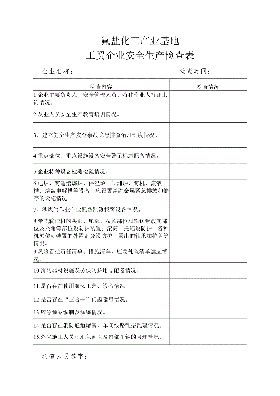 氟盐化工产业基地工贸企业安全生产检查表.docx_第1页