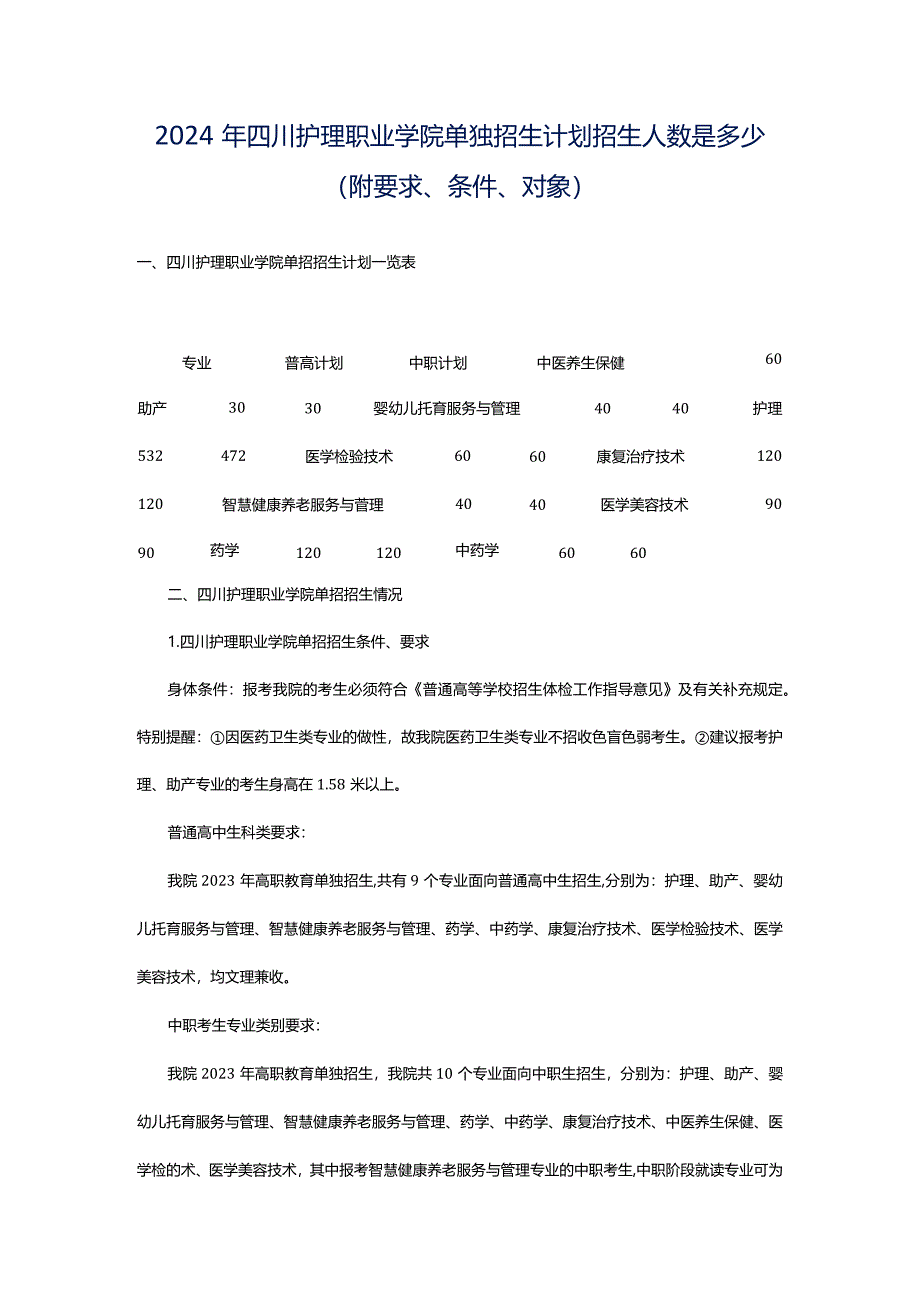 2024年四川护理职业学院单独招生计划招生人数是多少(附要求、条件、对象).docx_第1页