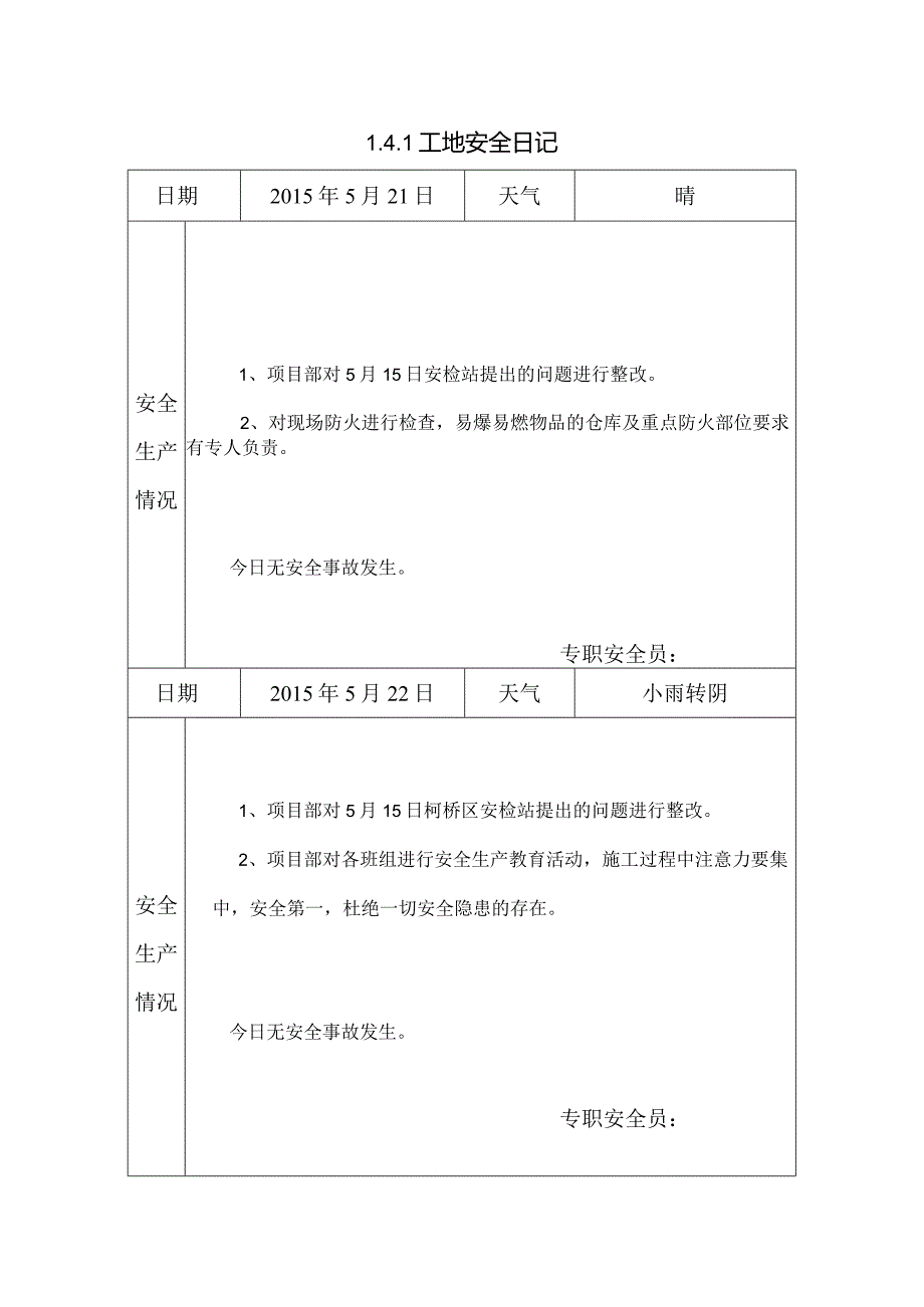 [施工资料]工地安全日记(12).docx_第1页