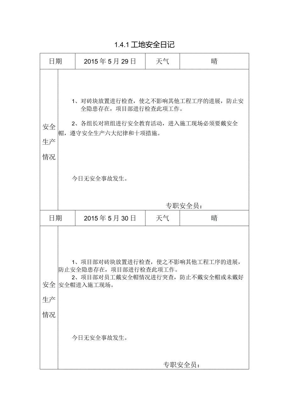 [施工资料]工地安全日记(16).docx_第1页