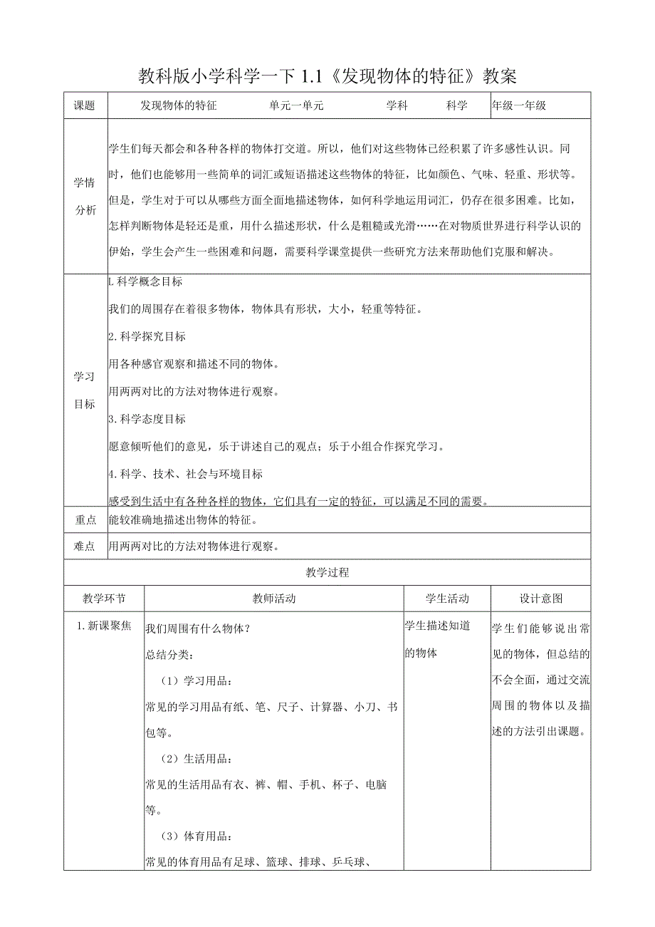 教科版小学科学新版一年级下册科学1.1发现物体的特征(教案).docx_第1页