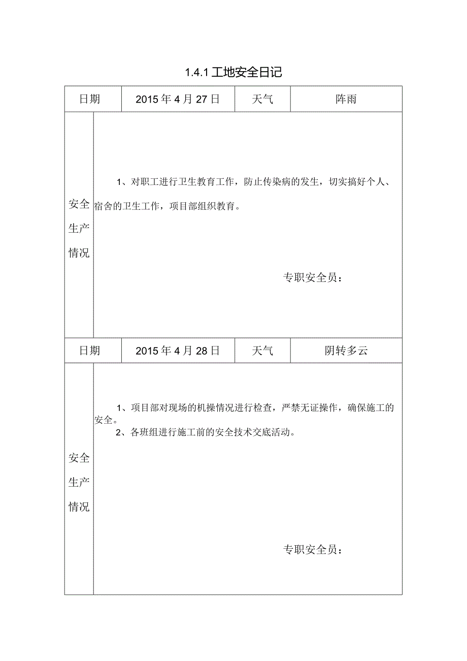 [施工资料]工地安全日记(4).docx_第1页