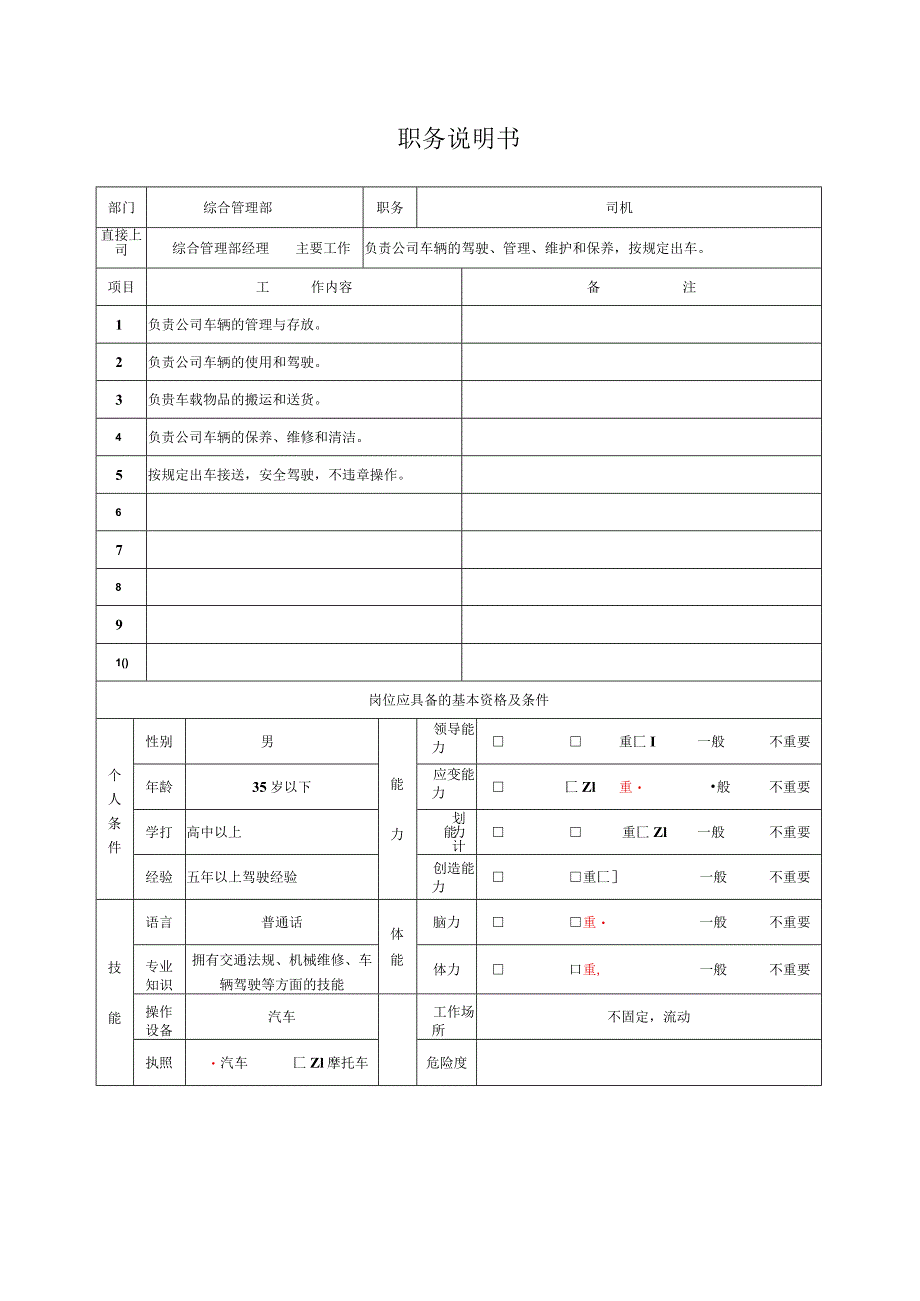 综合后勤职务说明书（司机）.docx_第1页