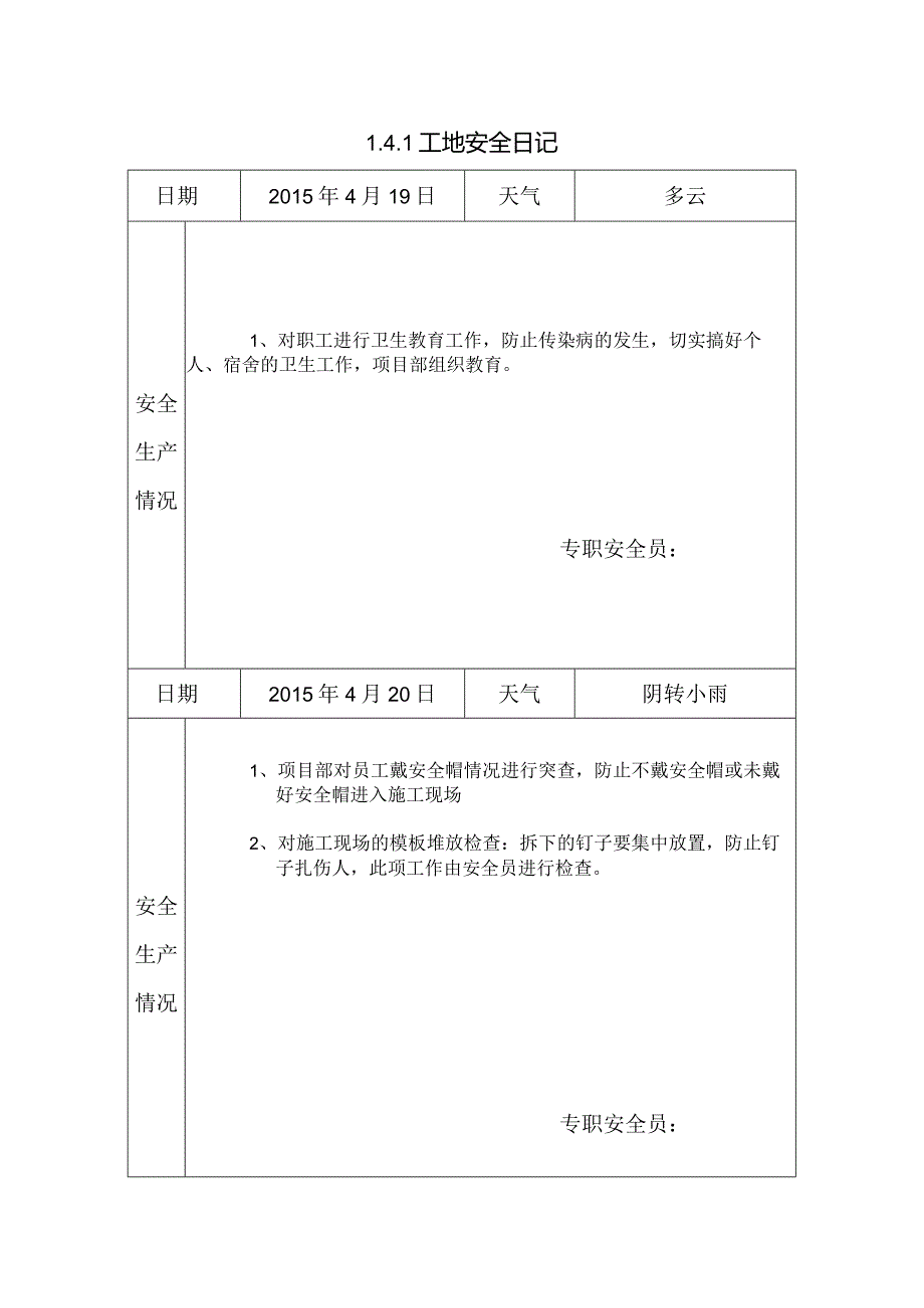 [施工资料]工地安全日记.docx_第1页