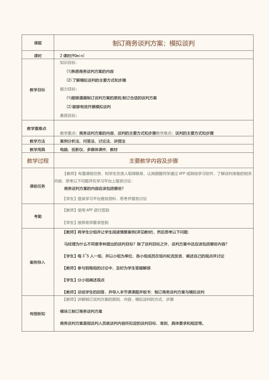 《推销技巧与商务谈判》教案第15课制订商务谈判方案；模拟谈判.docx_第1页