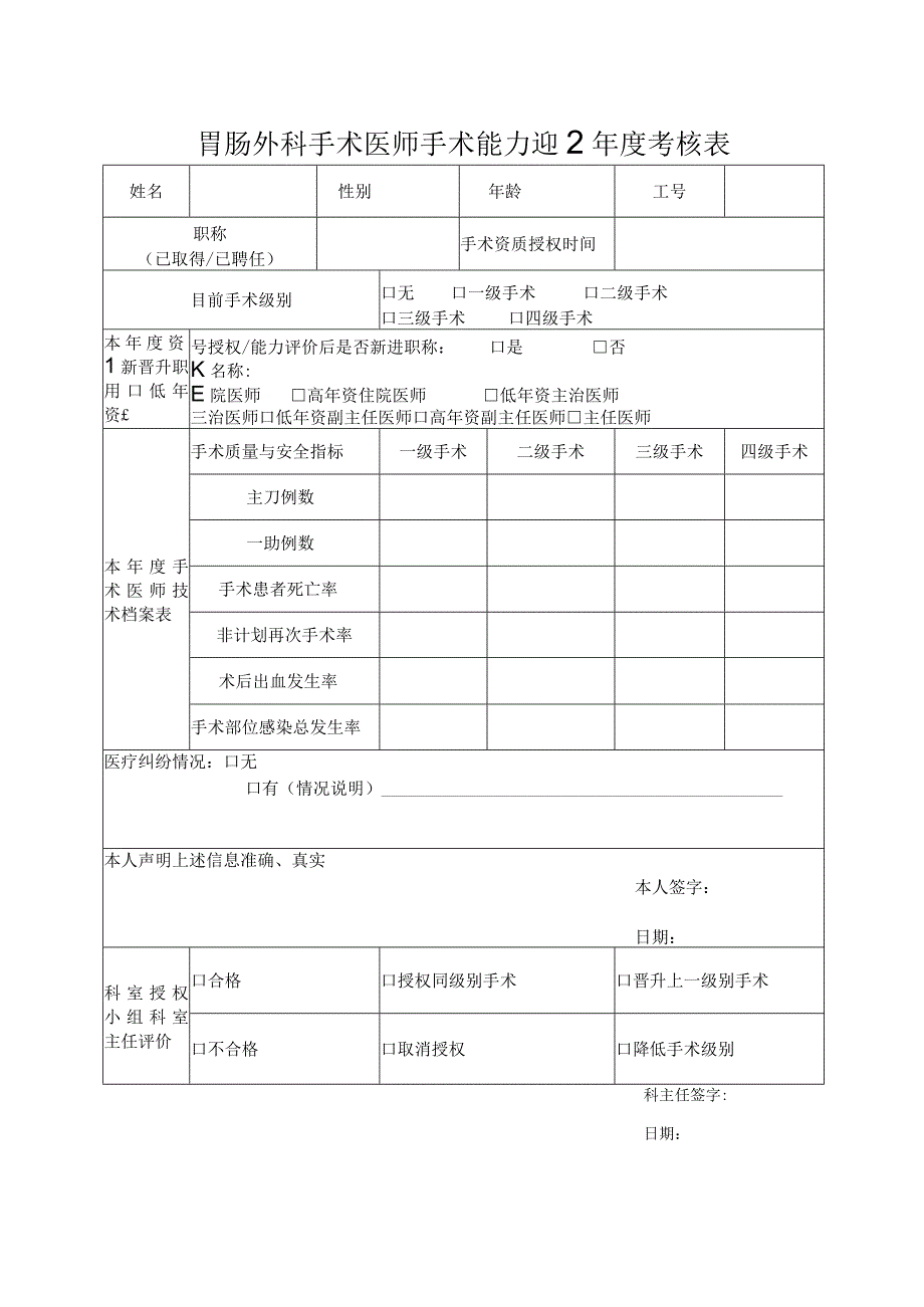 胃肠外科手术医师手术能力年度考核表.docx_第1页