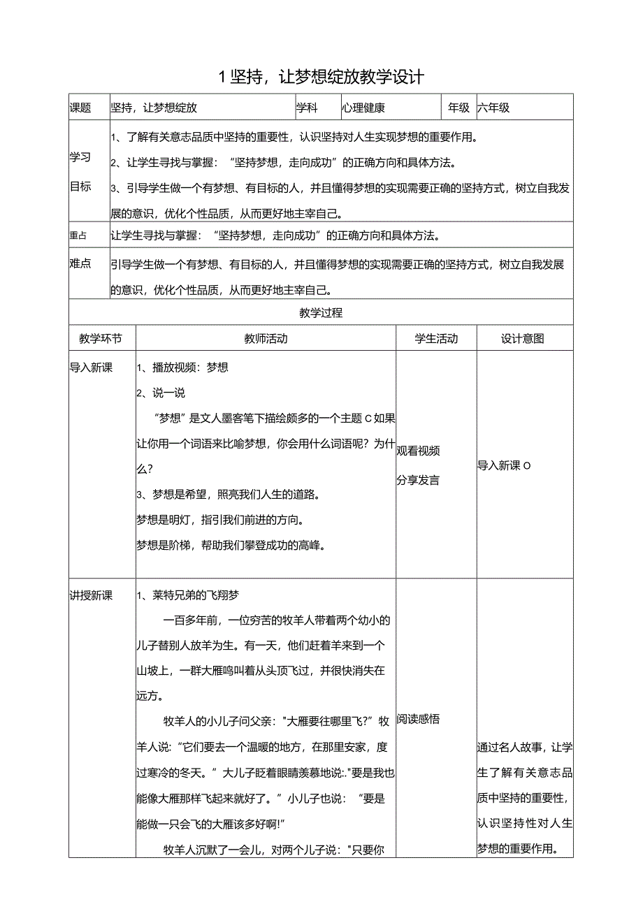 1坚持让梦想绽放教学设计教科版心理健康六年级下册.docx_第1页