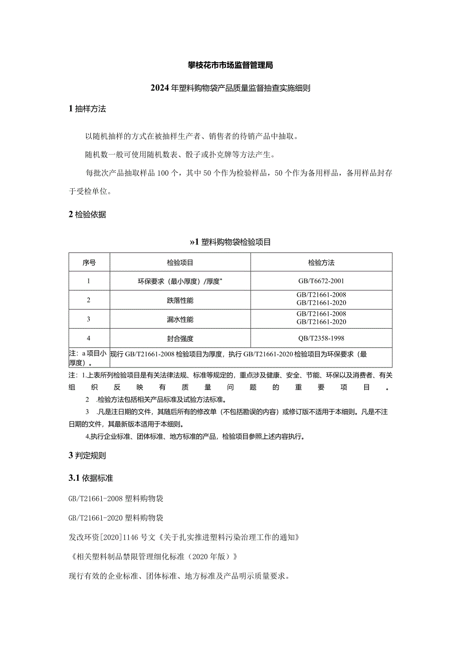 15攀枝花市市场监督管理局2024年塑料购物袋产品质量监督抽查实施细则.docx_第1页