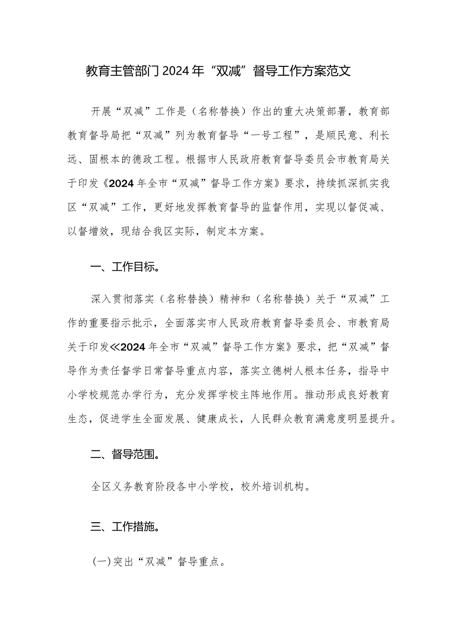 教育主管部门2024年“双减”督导工作方案范文.docx_第1页