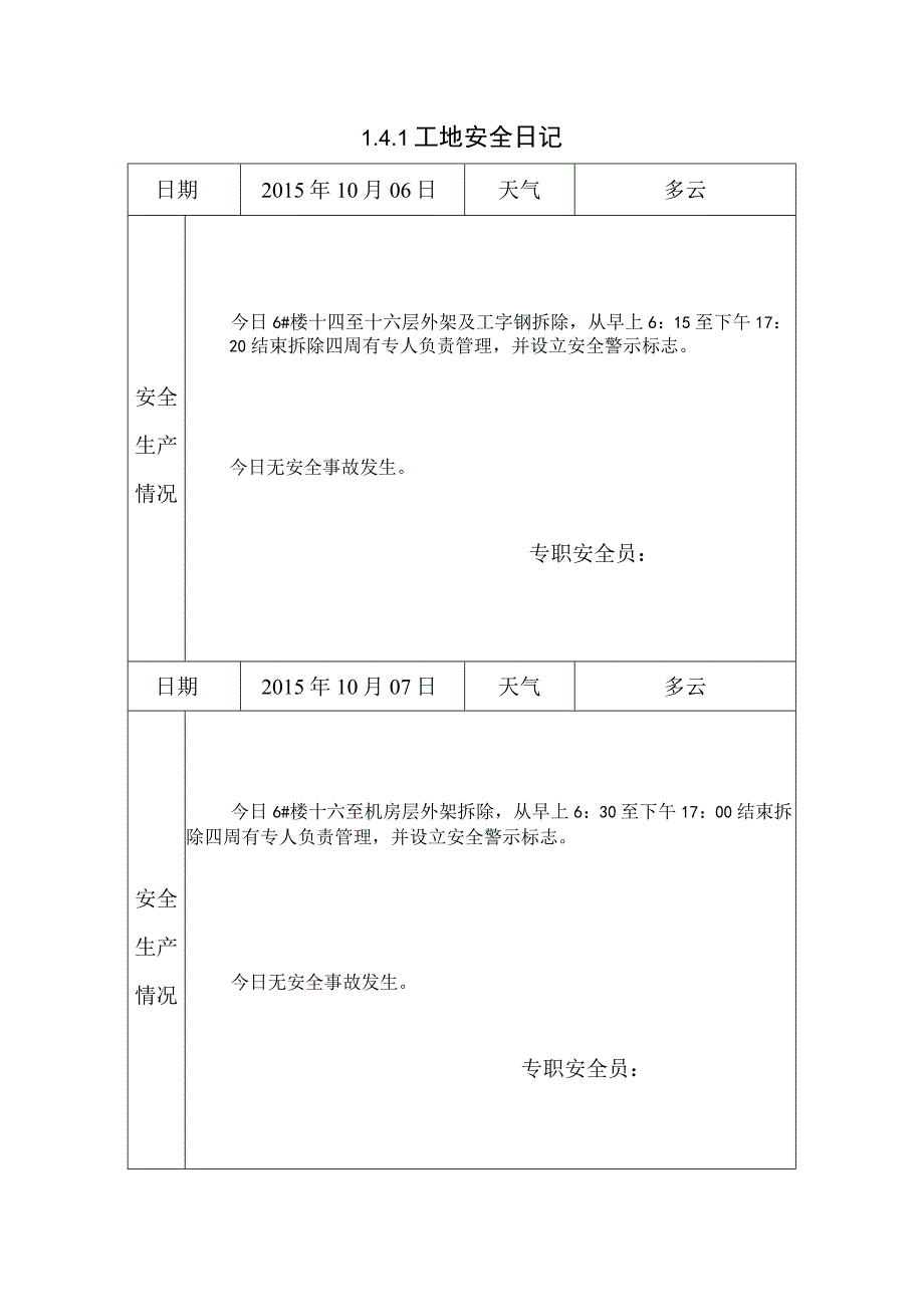 [施工资料]工地安全日记(27).docx_第1页