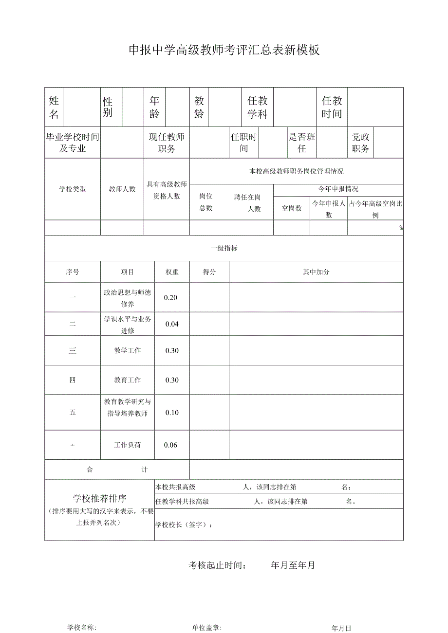 申报中学高级教师考评汇总表新模板.docx_第1页