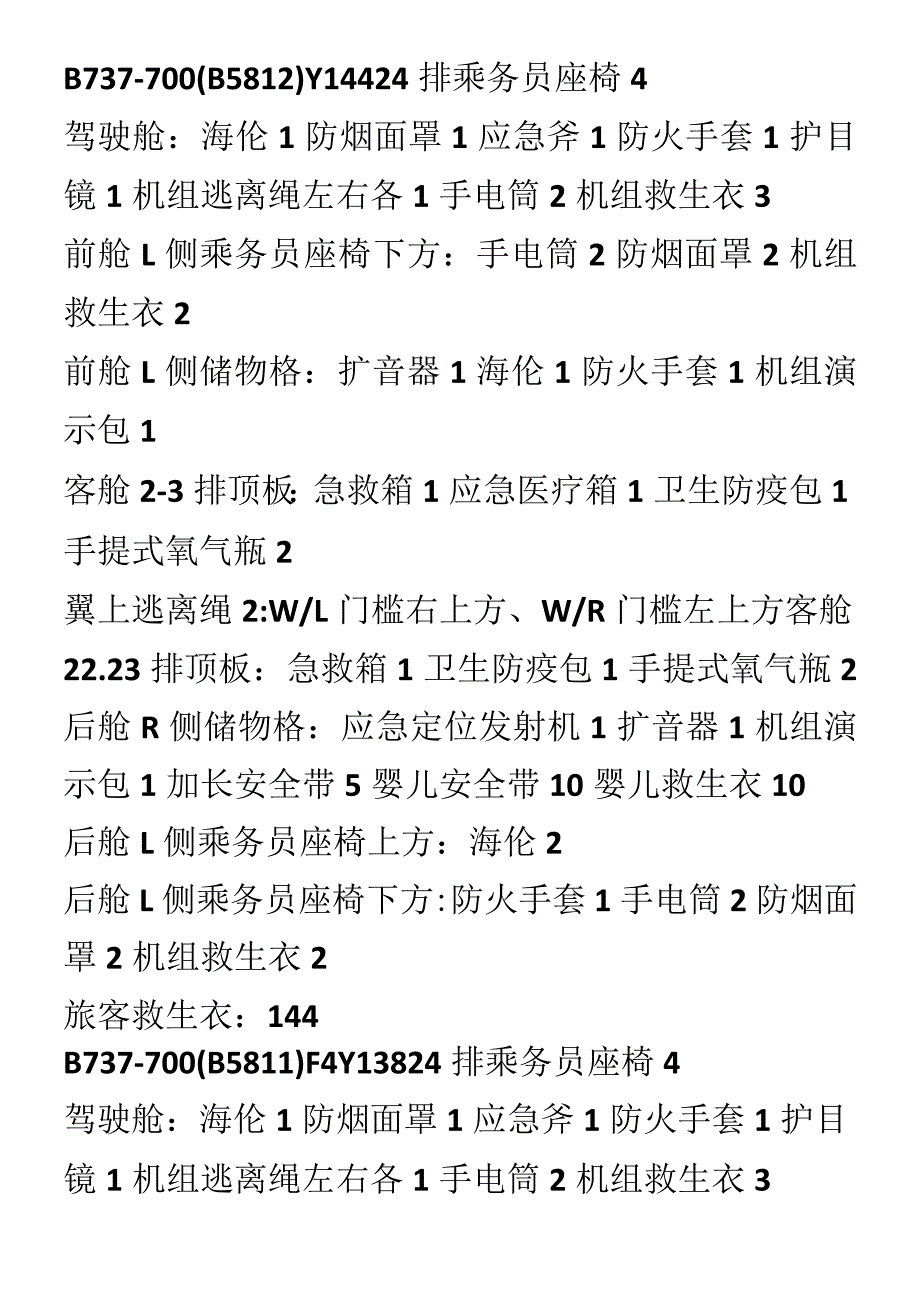 各型号乘用飞机应急设备分布.docx_第1页